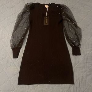 NEW 143 Story Black Bodycon Shimmer Sweater Dress Sheer Sleeve Pearl Accent S